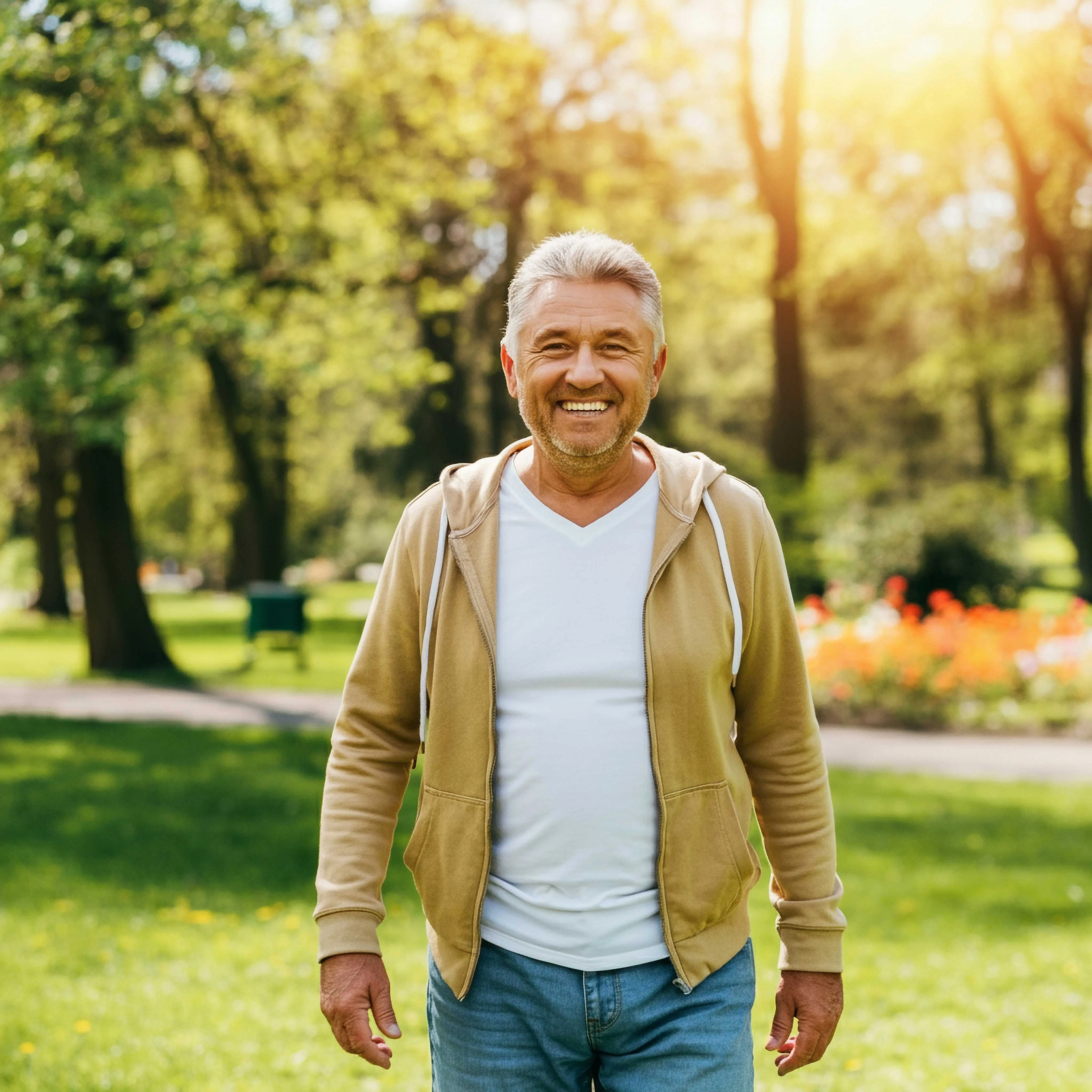 A middle-aged man with gray hair standing in a park, wearing a light sweater over a t-shirt, smiling at the camera with trees and flowers in the background.
