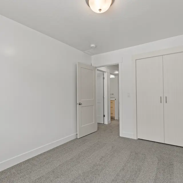 A spacious, empty room with light gray carpet, white walls, and a ceiling light fixture. A closed white door leads to another area, and there is a closet with double doors on the right side.