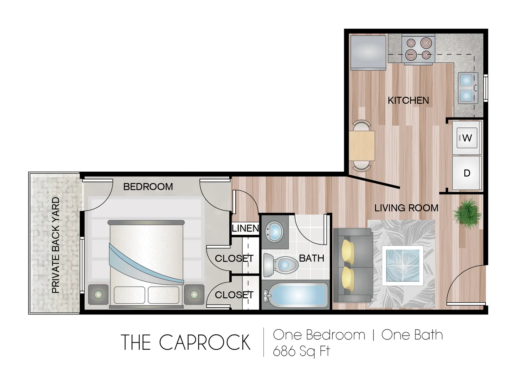 The Caprock Floor Plan Floor plan of a one-bedroom apartment named The Caprock, featuring a bedroom, living room, kitchen, bathroom, and private back yard.