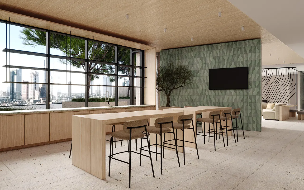A modern office space featuring wooden furniture, tall windows with city views, and a green accent wall.