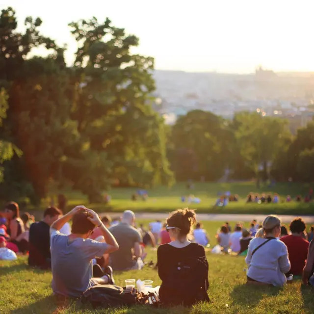 A crowd sitting on grassy hills during sunset, with trees in the foreground and a city backdrop.