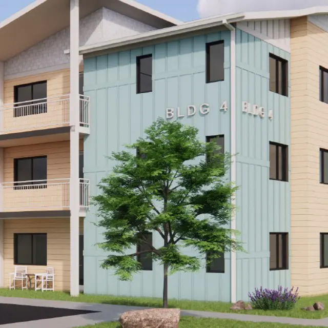 New Apartment Building Design A modern apartment building featuring a mix of light beige and blue exterior panels, with three stories visible. In the foreground, a cyclist is passing by a green car while a pedestrian walks toward the entrance. Lush landscaping with a tree and flowers enhance the setting.