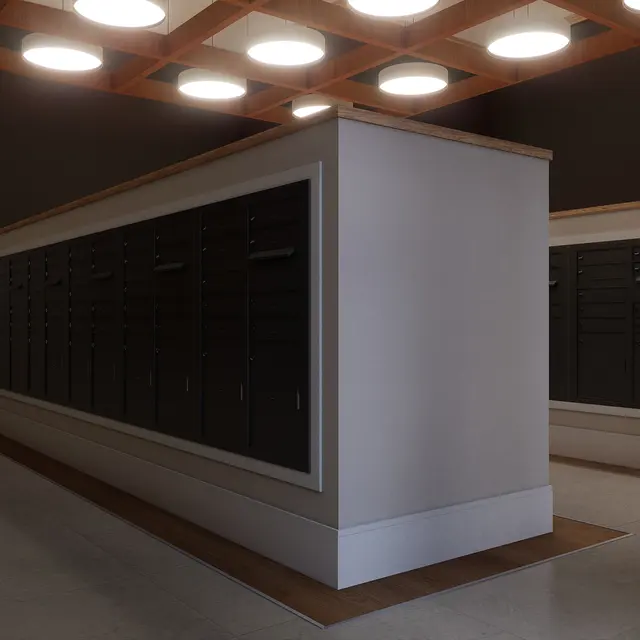 An interior view of a modern mailroom with several black storage units, LED lights on the ceiling, and sleek design elements.
