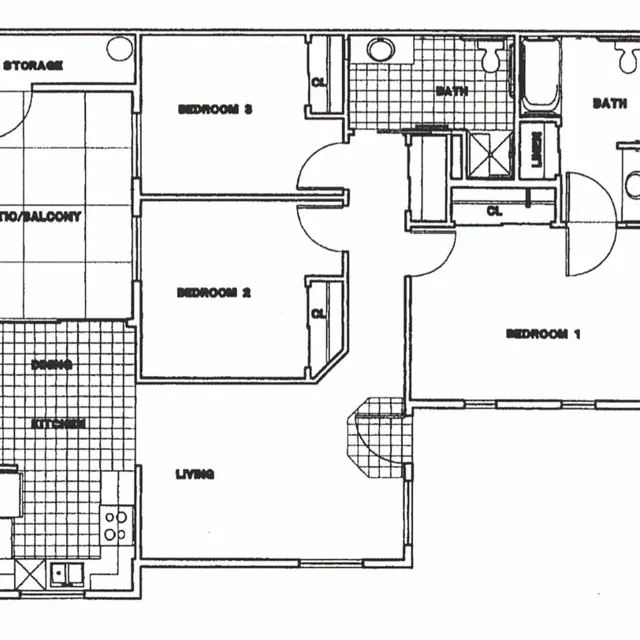 A detailed floor plan of an apartment with labeled rooms including three bedrooms, a living area, a kitchen, a storage space, and a patio/balcony.