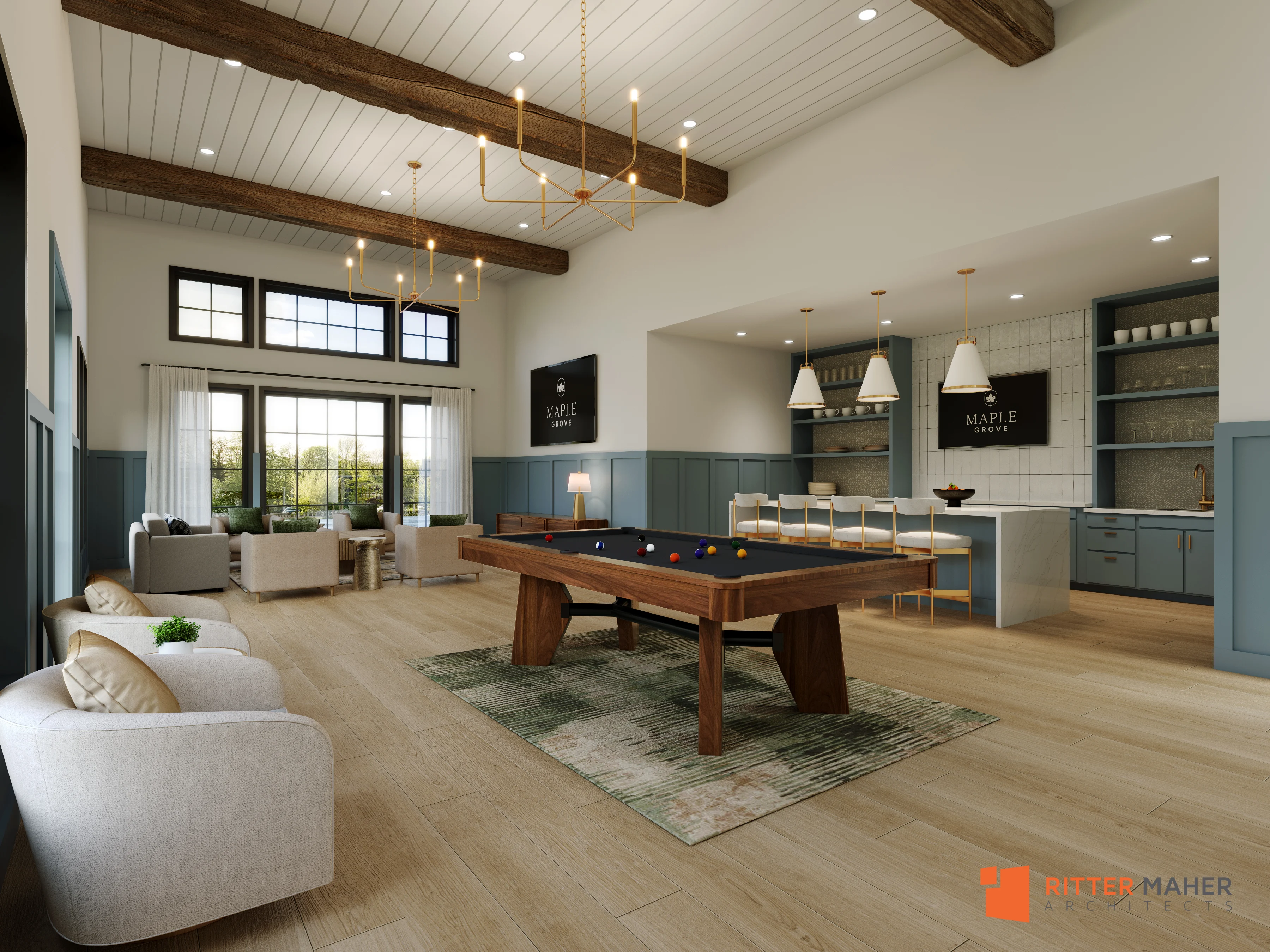 A spacious community game room featuring a billiards table, lounge seating, and a modern kitchen area with bar stools.