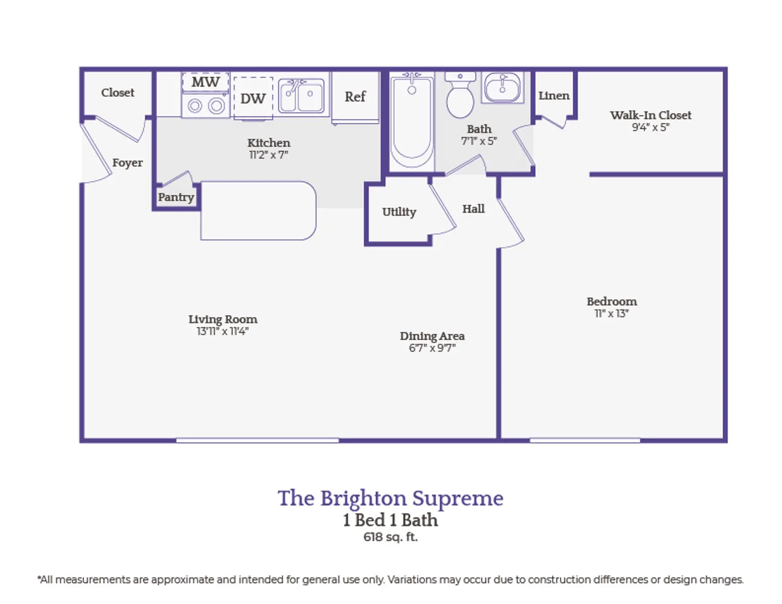 The Brighton Supreme Apartment Floor Plan Floor plan of The Brighton Supreme apartment, featuring 1 bedroom and 1 bathroom with detailed dimensions of each room.