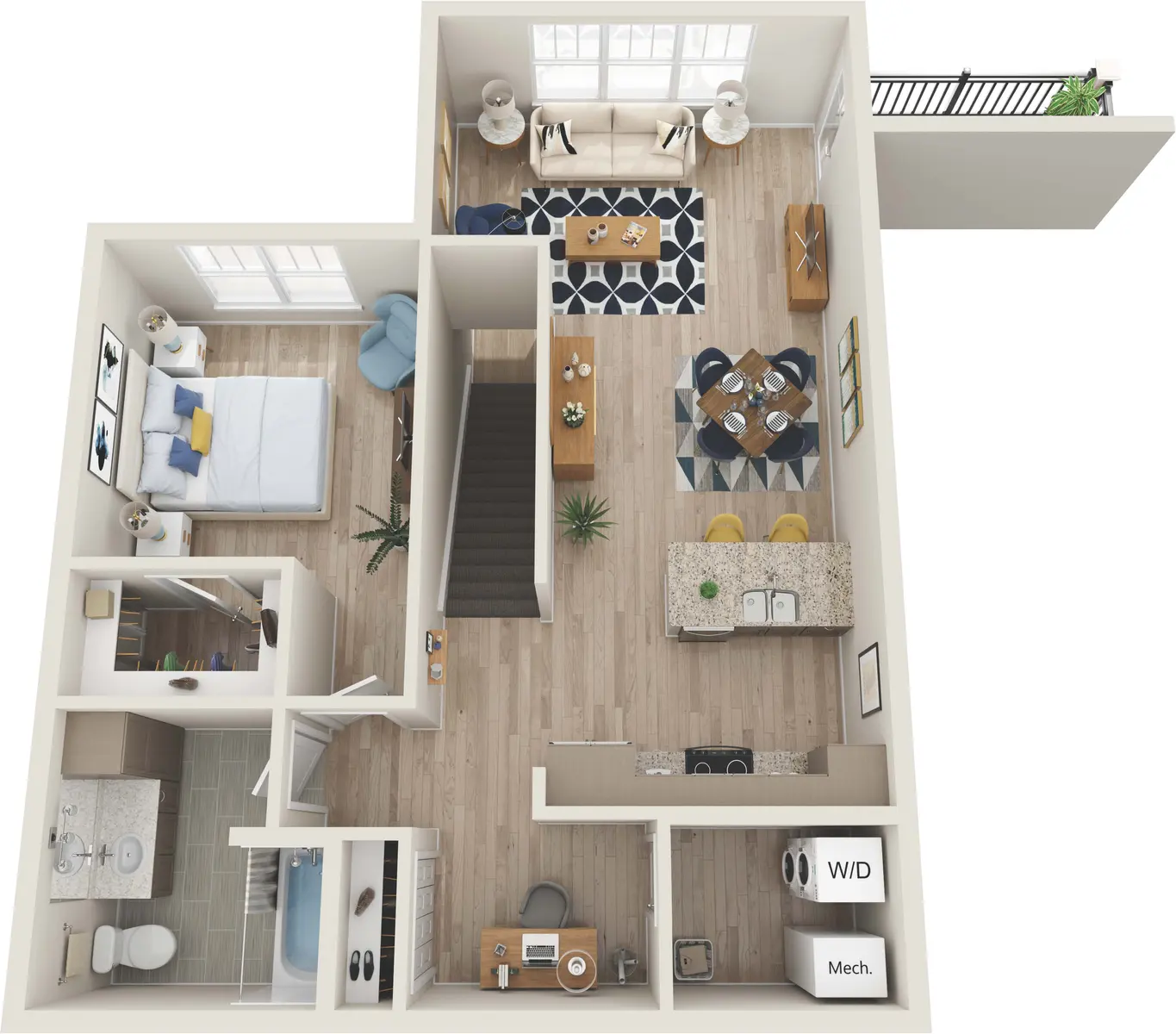 A top-down view of a small apartment layout featuring a living room, dining area, kitchen, bedroom, bathroom, and a balcony.