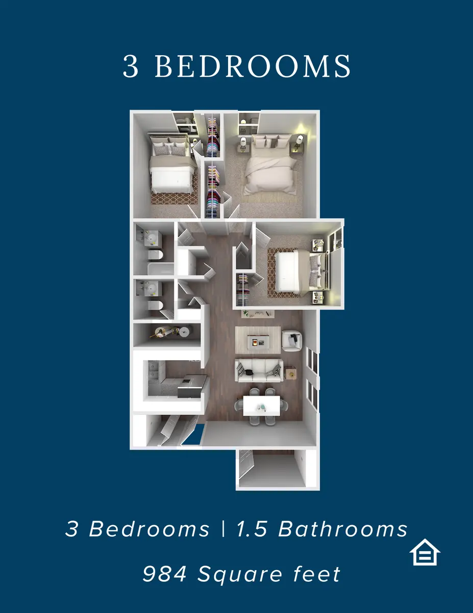 A floor plan illustration of a 3-bedroom apartment with 1.5 bathrooms and a total area of 984 square feet. The layout is clear and detailed, displaying rooms and their arrangements.