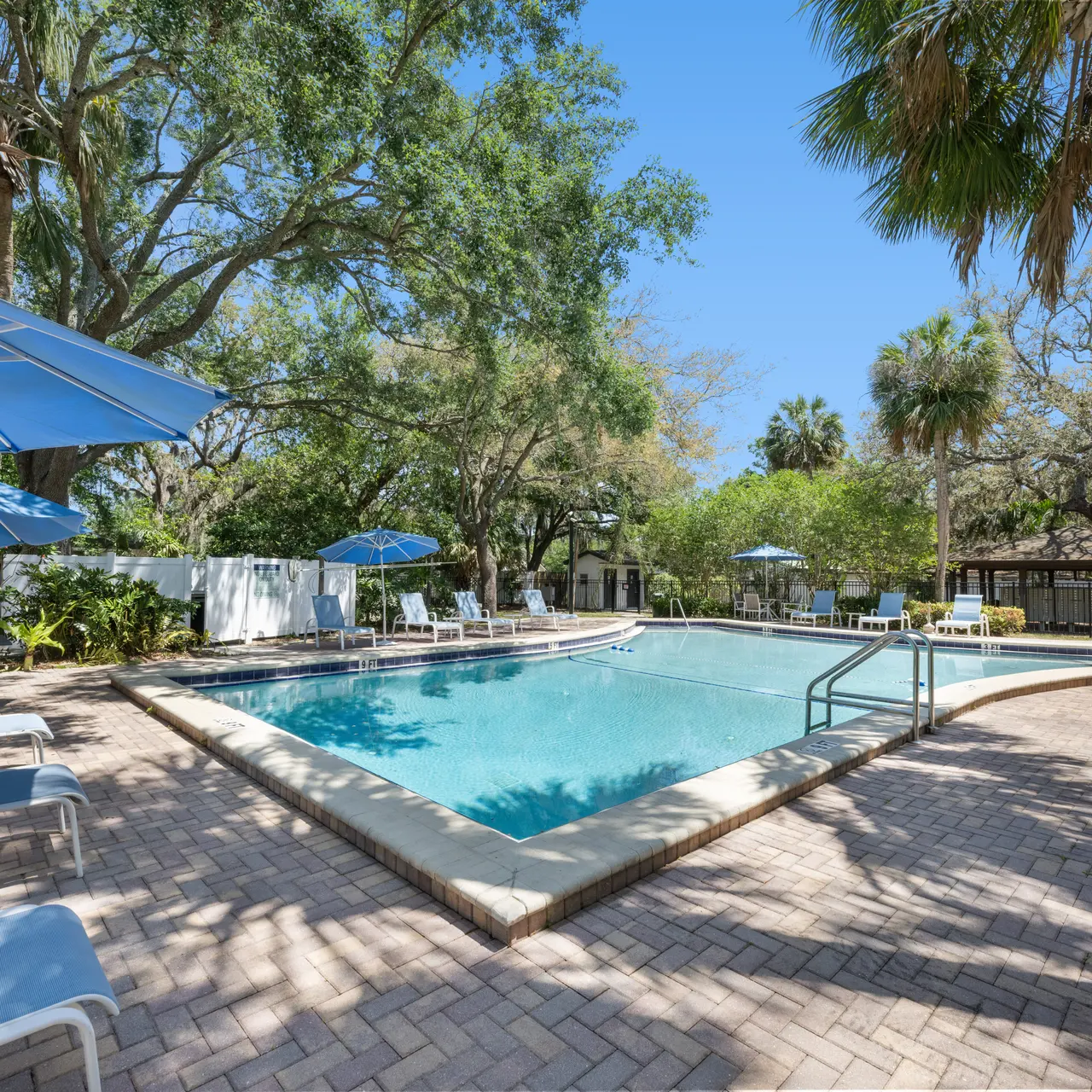 Outdoor swimming pool surrounded by lounge chairs and umbrellas in a sunny setting.