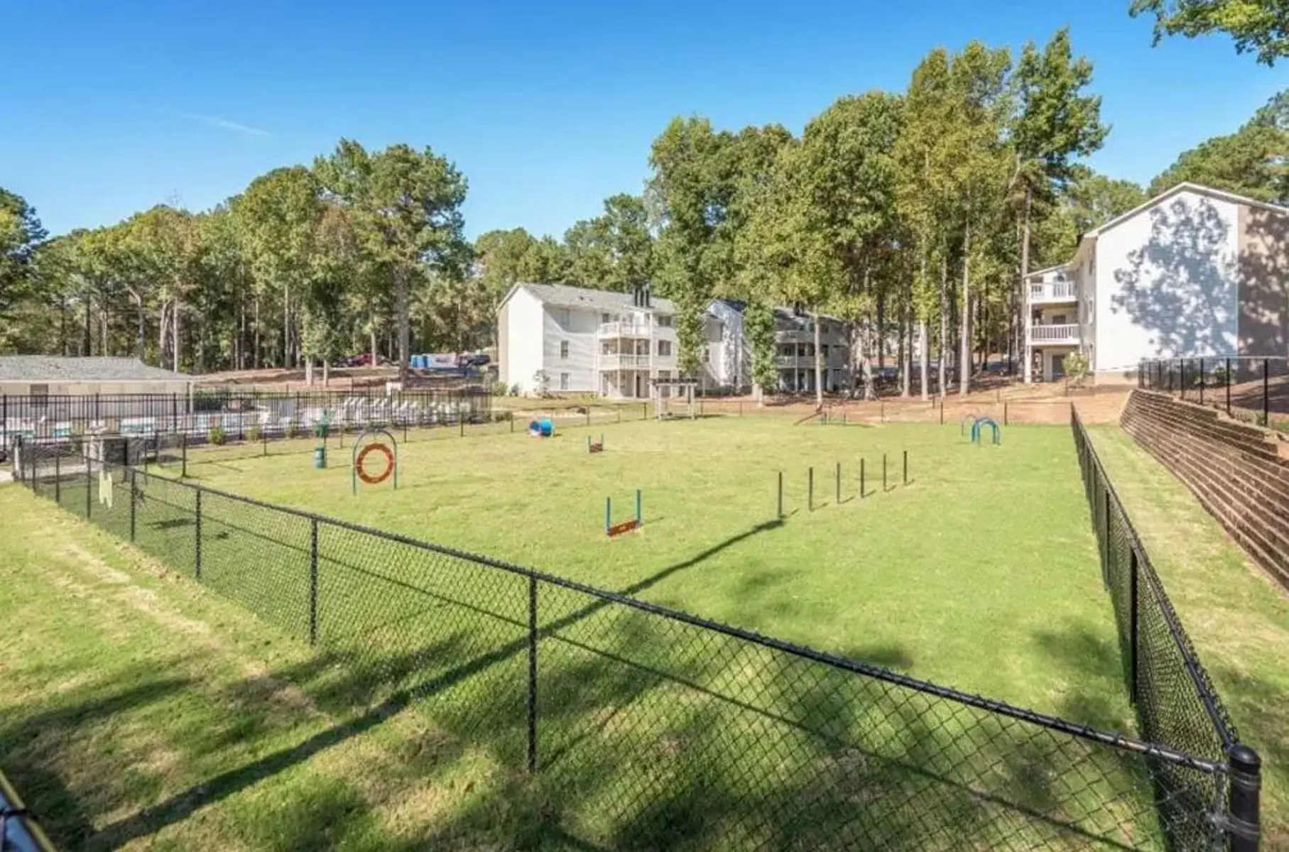 Open green area surrounded by a fence, featuring various agility equipment and residential buildings in the background.