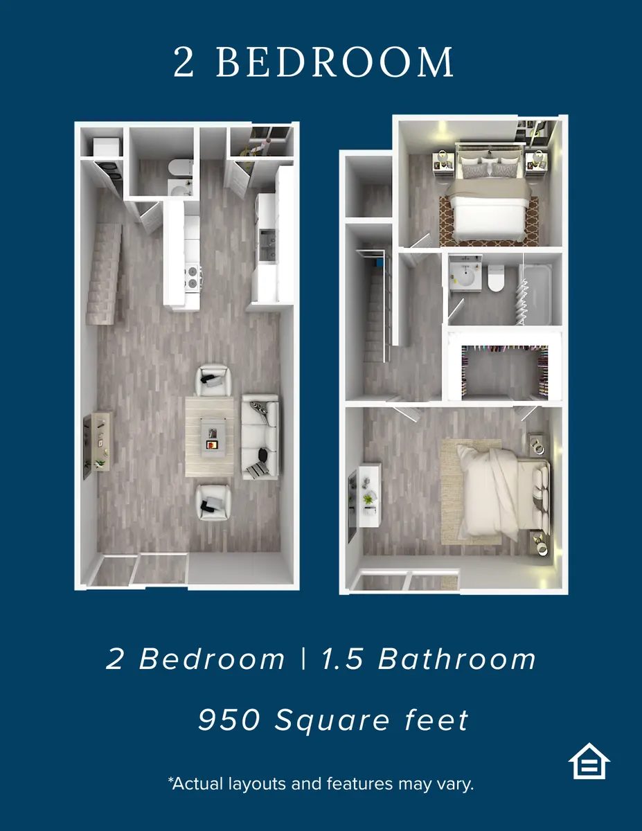 Floor plan of a 2-bedroom, 1.5-bathroom apartment, featuring a living area, kitchen, and bedrooms. The layout shows clearly marked rooms and dimensions.