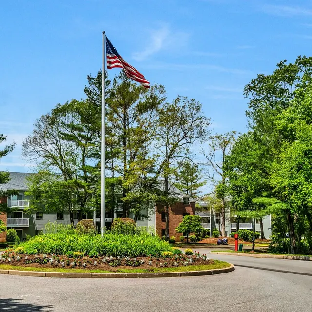 A roundabout featuring a prominent American flag in the center, surrounded by lush greenery and residential buildings in the background.