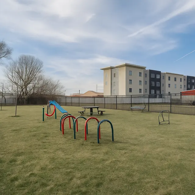 Outdoor Playground Area An outdoor playground area featuring colorful equipment and a picnic table, surrounded by a black fence and grass. In the background, there are residential buildings and a storage structure.