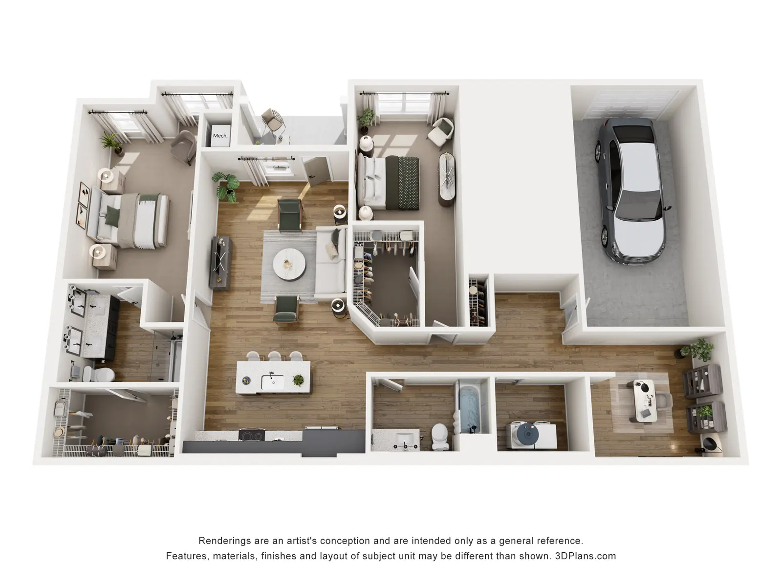 An overhead view of a modern home floor plan featuring two bedrooms, a living area, dining space, kitchen, bathroom, and a garage.