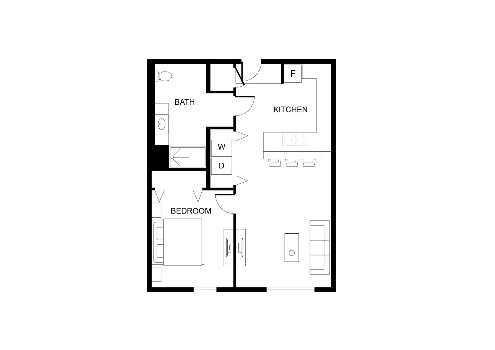 A simple floor plan of a small apartment featuring a bedroom, kitchen, bath, and living area with labeled sections.