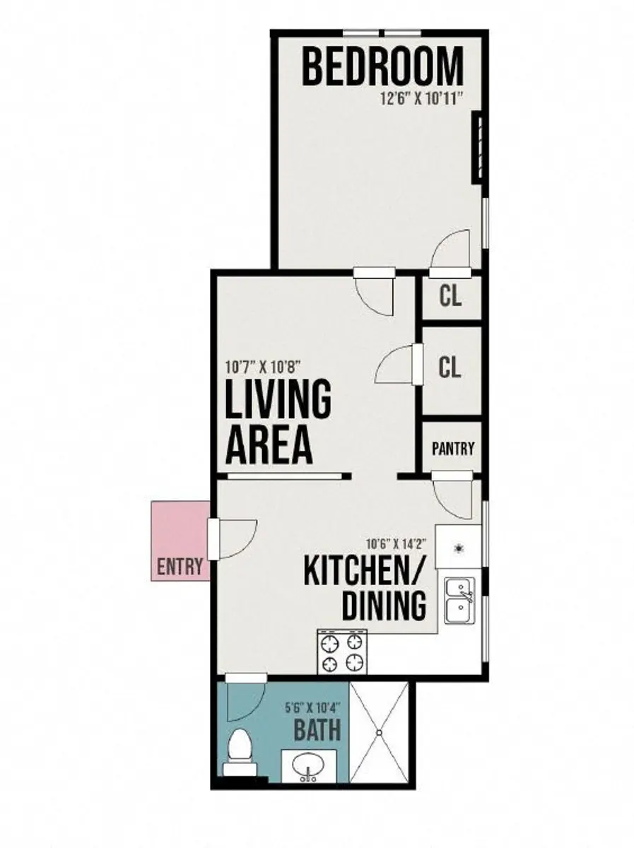 Compact Apartment Floor Plan A floor plan layout of a small apartment featuring a bedroom, living area, kitchen/dining, and a bathroom. Each room is labeled with dimensions.