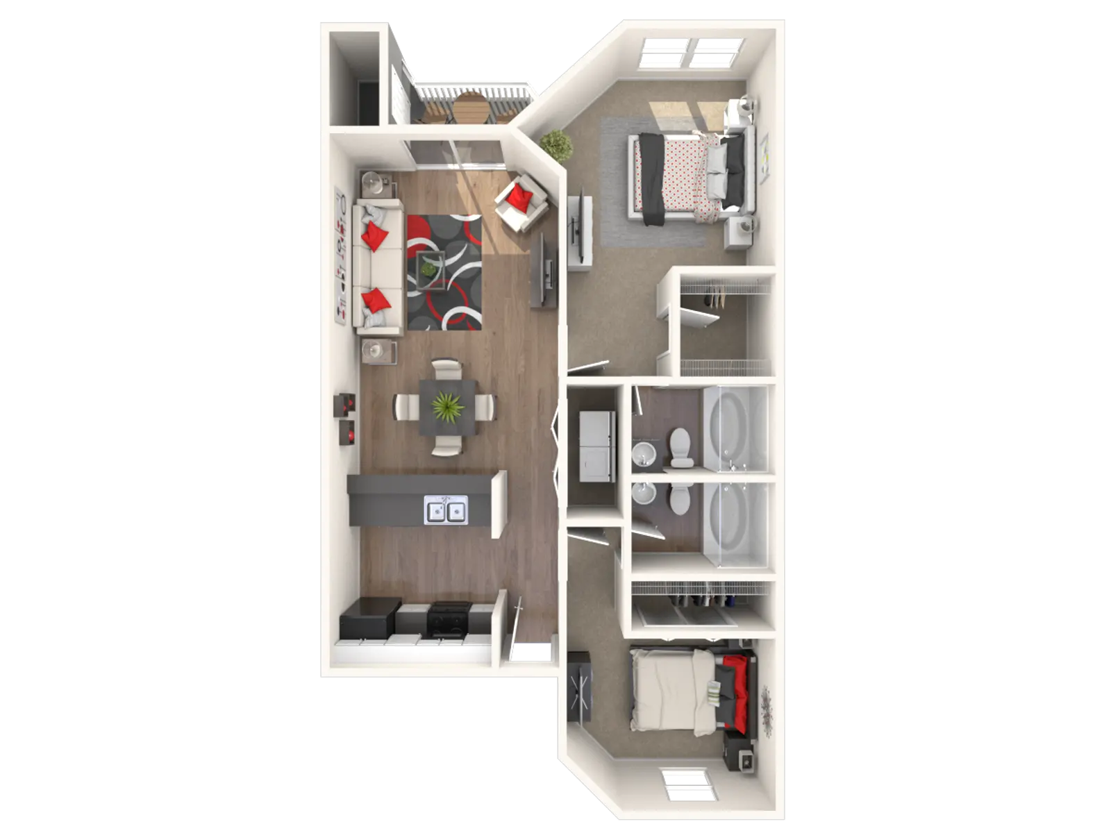 Aerial view of a modern apartment layout featuring a living area, kitchen, two bedrooms, and two bathrooms.