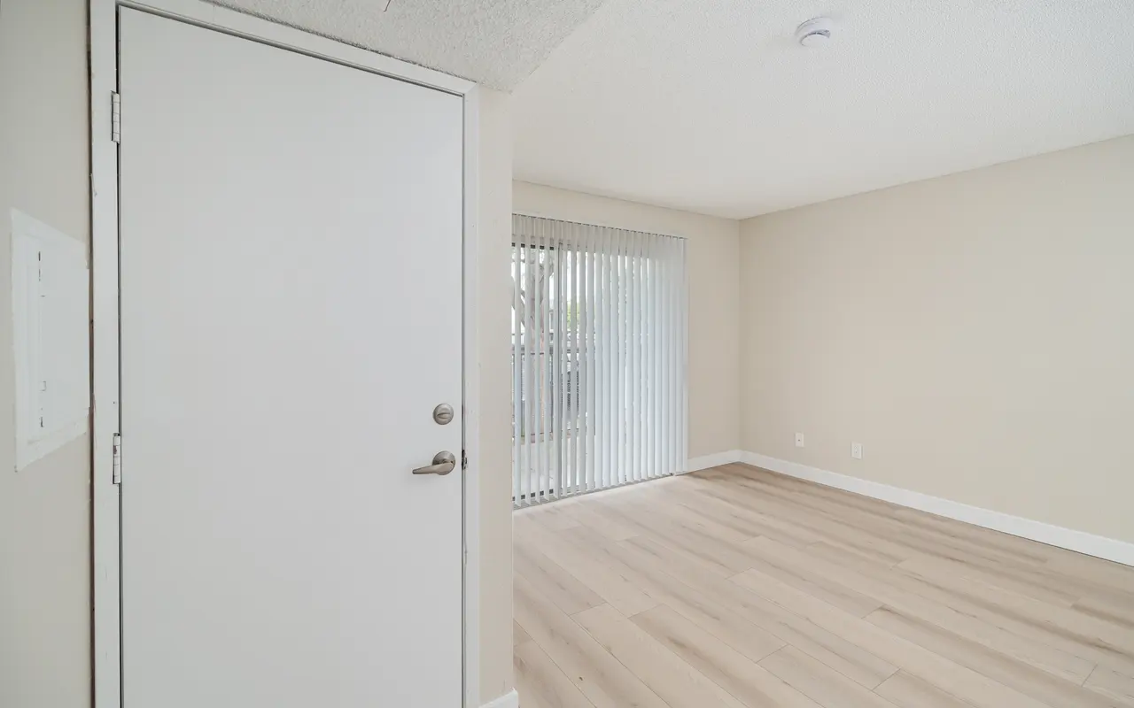 View of an empty room with a closed white door on the left and vertical blinds on a window at the far end. Light-colored walls and wooden flooring are visible.