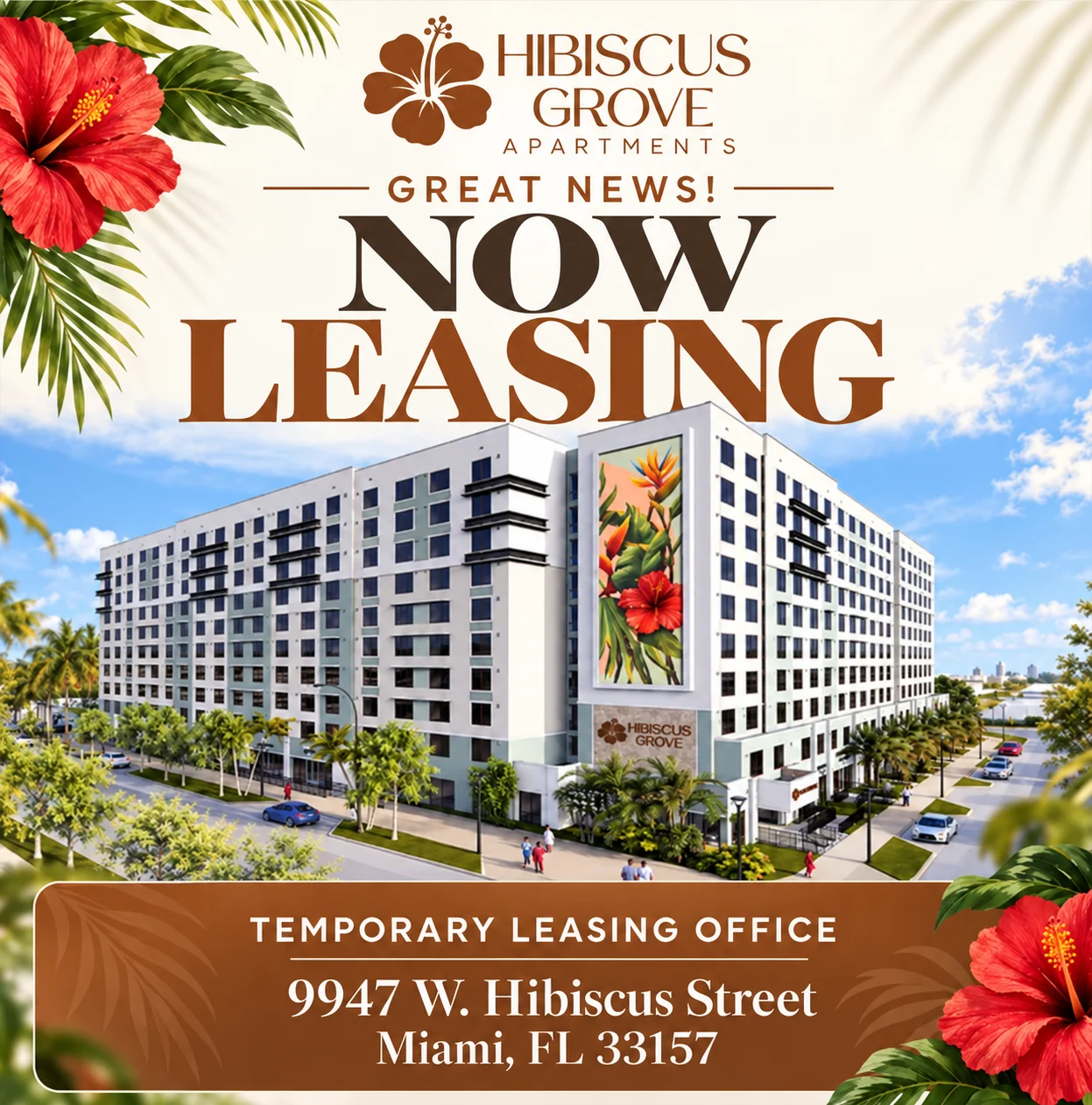 Promotional image for Hibiscus Grove Apartments showing a modern building and tropical scenery.