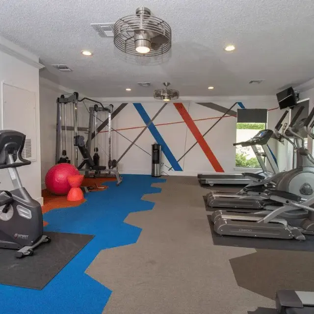 A modern gym interior with exercise equipment including stationary bikes, ellipticals, and weight machines, featuring colorful rubber flooring and large windows.