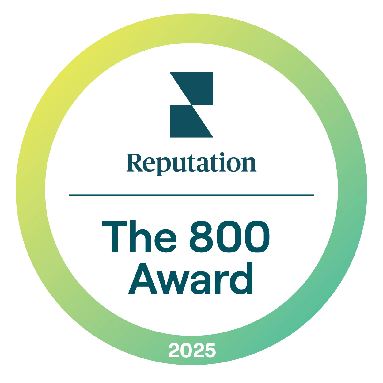A circular award logo featuring the text 'Reputation The 800 Award 2025'. The design includes a stylized logo in dark teal against a gradient green and yellow background.