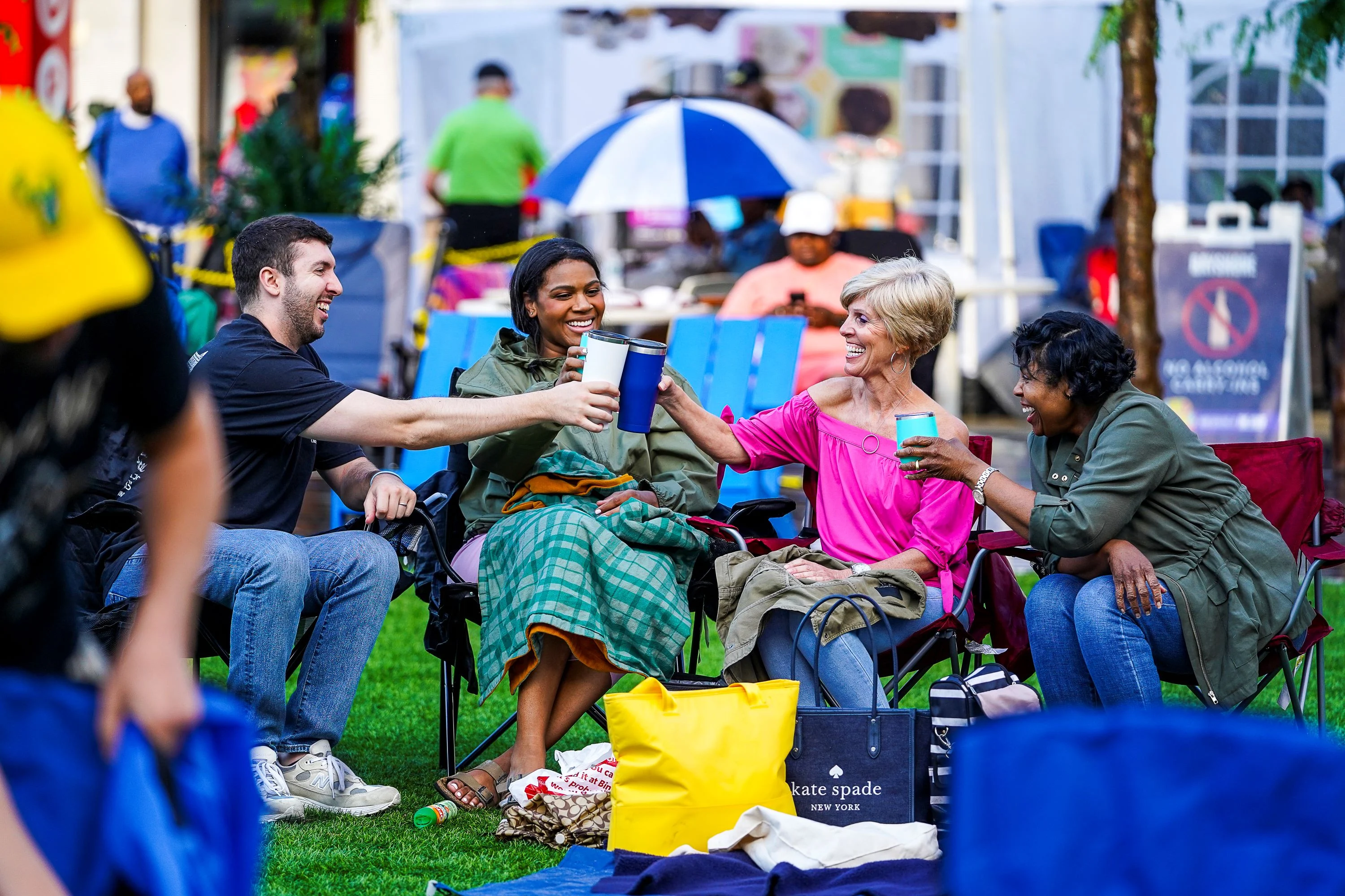 A group of four people sitting on camping chairs in a park, raising their cups in a toast. They are smiling and enjoying each other's company amidst a lively background.