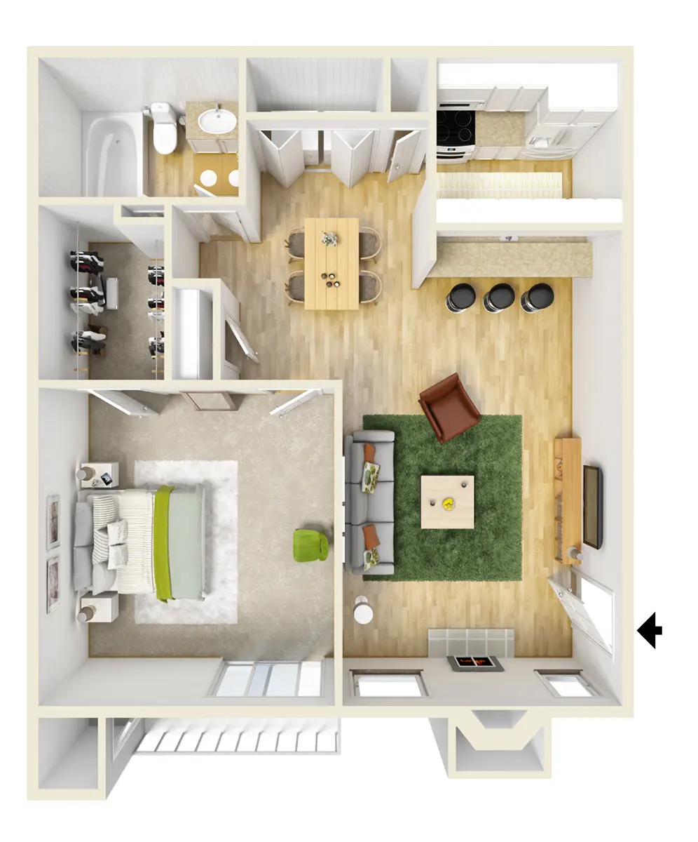 Top-down view of a small apartment floor plan, featuring a living area, dining space, kitchen, bathroom, and bedroom.