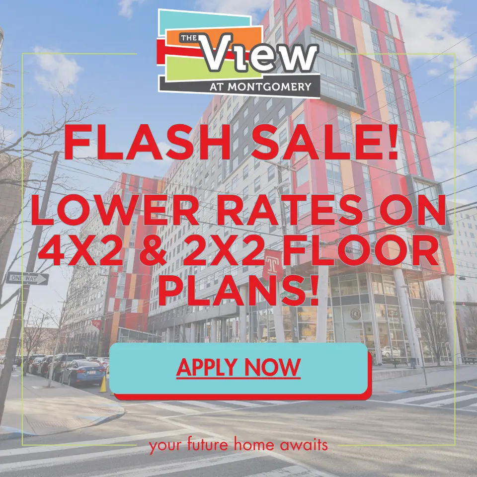 Promotional advertisement for V1ew at Montgomery featuring a colorful building with a text overlay announcing a flash sale for lower rates on floor plans.