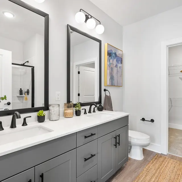 A modern bathroom featuring dual sinks, large mirrors, and contemporary fixtures. The decor includes a potted plant and woven rug, with a glimpse of a closet area in the background.