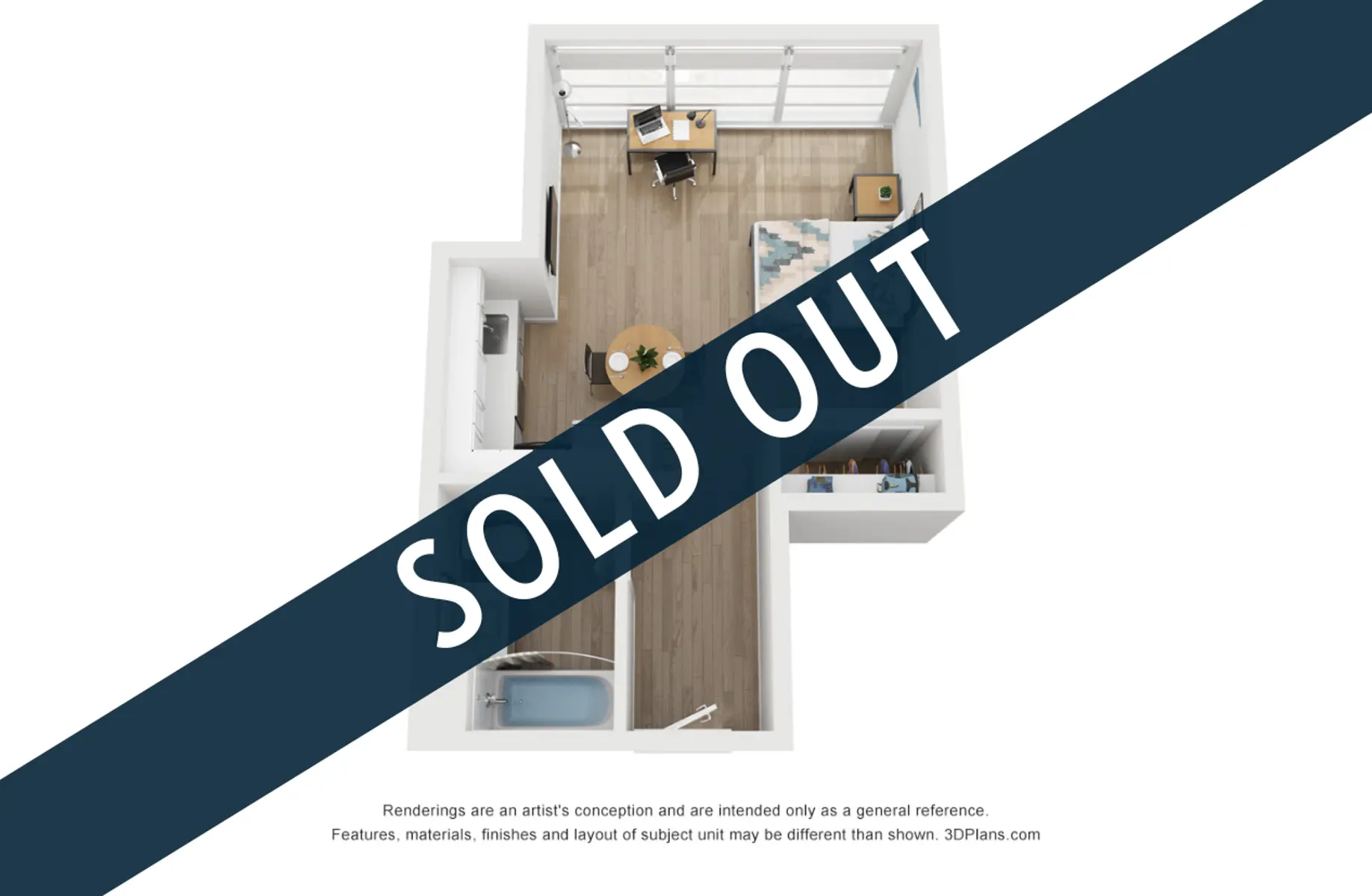 An aerial view of a modern floor plan showcasing a small apartment or studio layout with a living area, workspace, kitchen, and bathroom, marked with a large 'SOLD OUT' overlay.