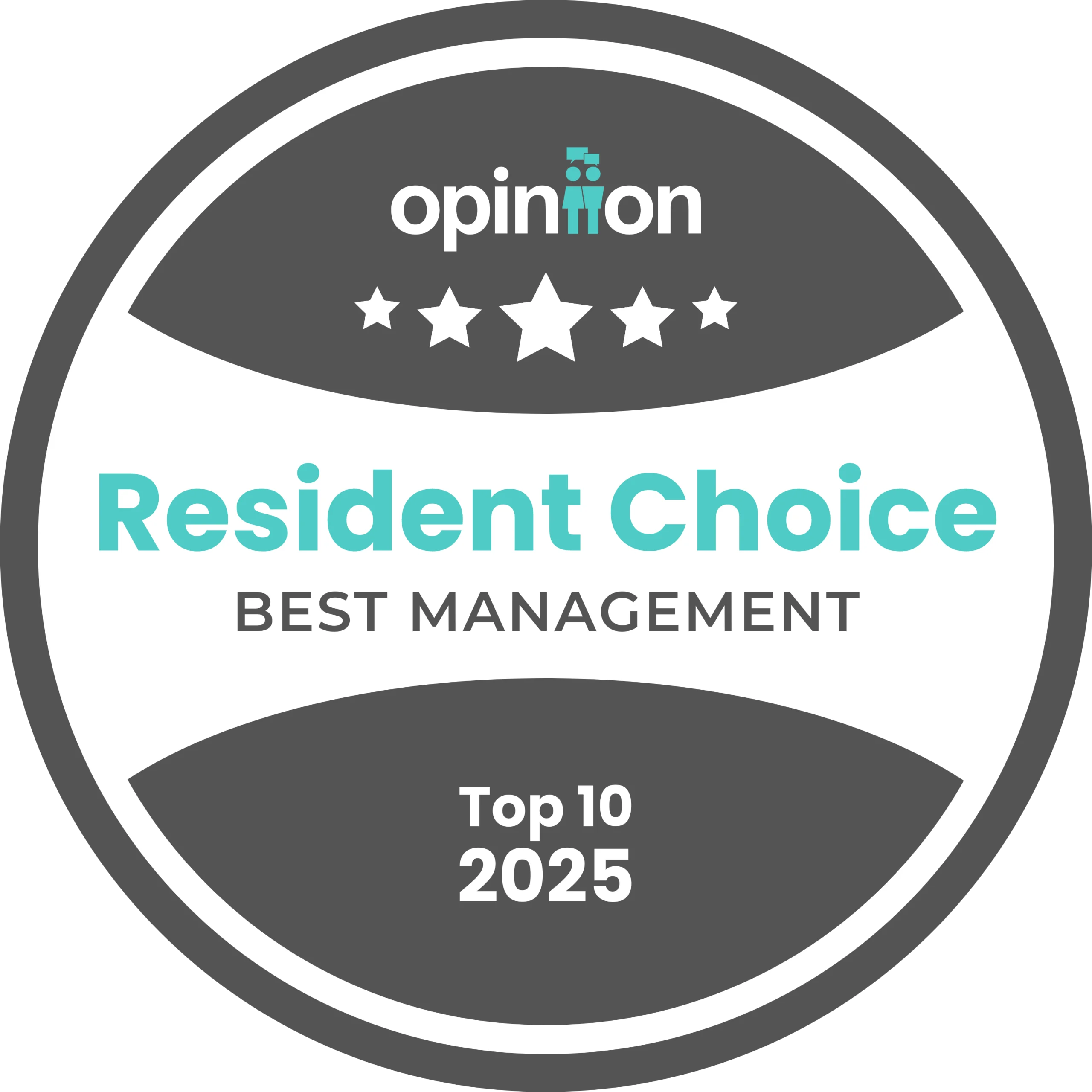 A badge symbolizing recognition for the best management, featuring the text 'Resident Choice Best Management Top 10 2025' with stars above.