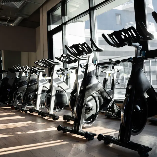 A row of stationary exercise bikes in a brightly lit gym, with natural light streaming through large windows.