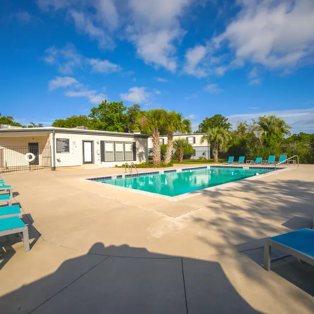 A sunny pool area featuring a rectangular swimming pool surrounded by lounge chairs and palm trees under a blue sky.