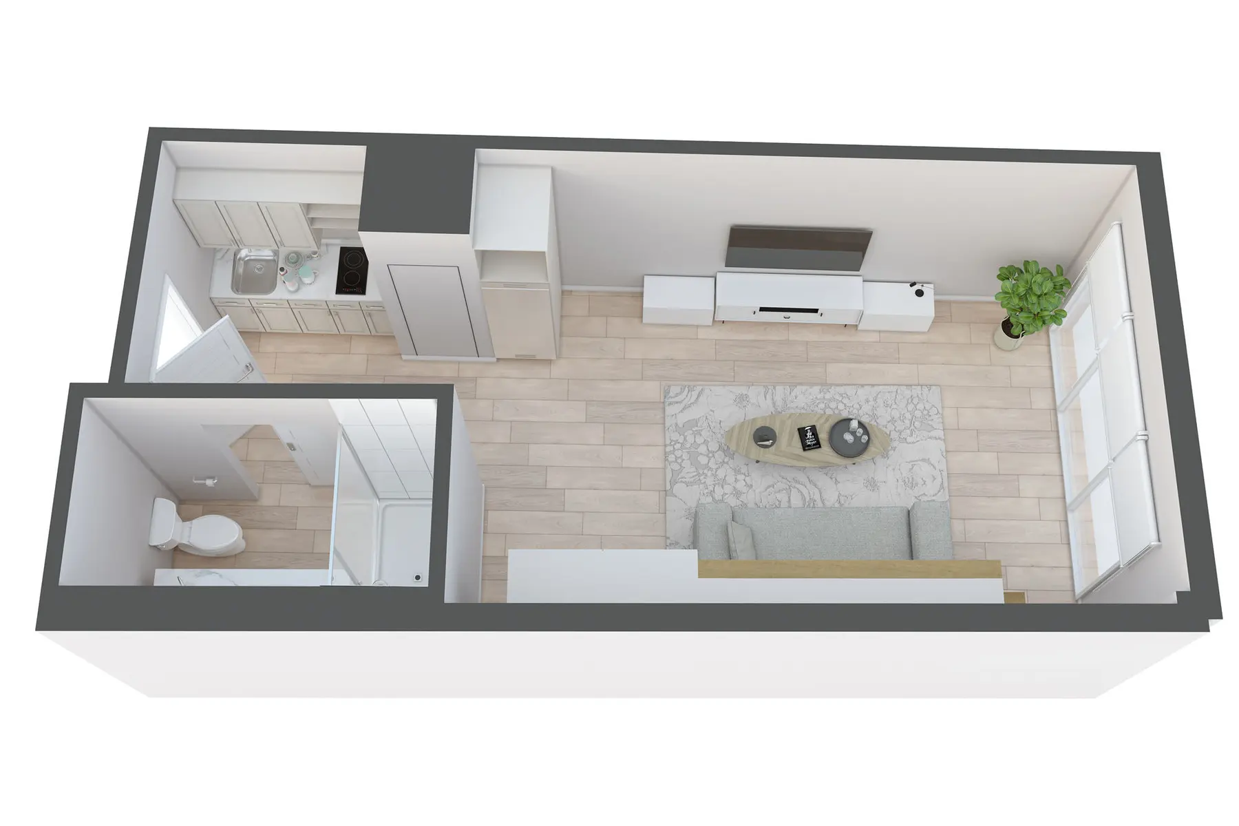 Compact Apartment Layout A top-down view of a small apartment layout, featuring a living area, kitchen, and bathroom.