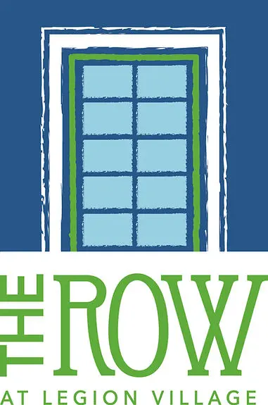 The Row at Legion Village Logo Graphic design featuring an illustration of a door with multiple panels, set against a blue background. The name 'The Row' is prominently displayed in green at the bottom.