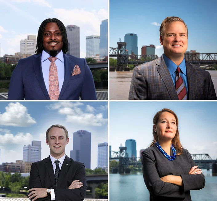 A collage of four business professionals against an urban backdrop. The top left features a man with long hair in a suit, the top right shows a man in a checked suit, the bottom left has a man in a tie, and the bottom right depicts a woman in formal attire.