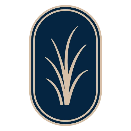 Stylized logo featuring a grass motif inside an oval shape.