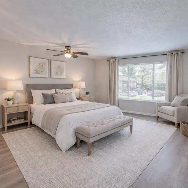 A stylish modern bedroom featuring a large bed with light gray bedding, two bedside lamps, and wooden furniture. A comfortable armchair sits near a window with natural light filtering through sheer curtains, and a decorative rug covers the floor.
