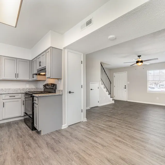 A modern kitchen and living area with light gray cabinets and a spacious floor layout.
