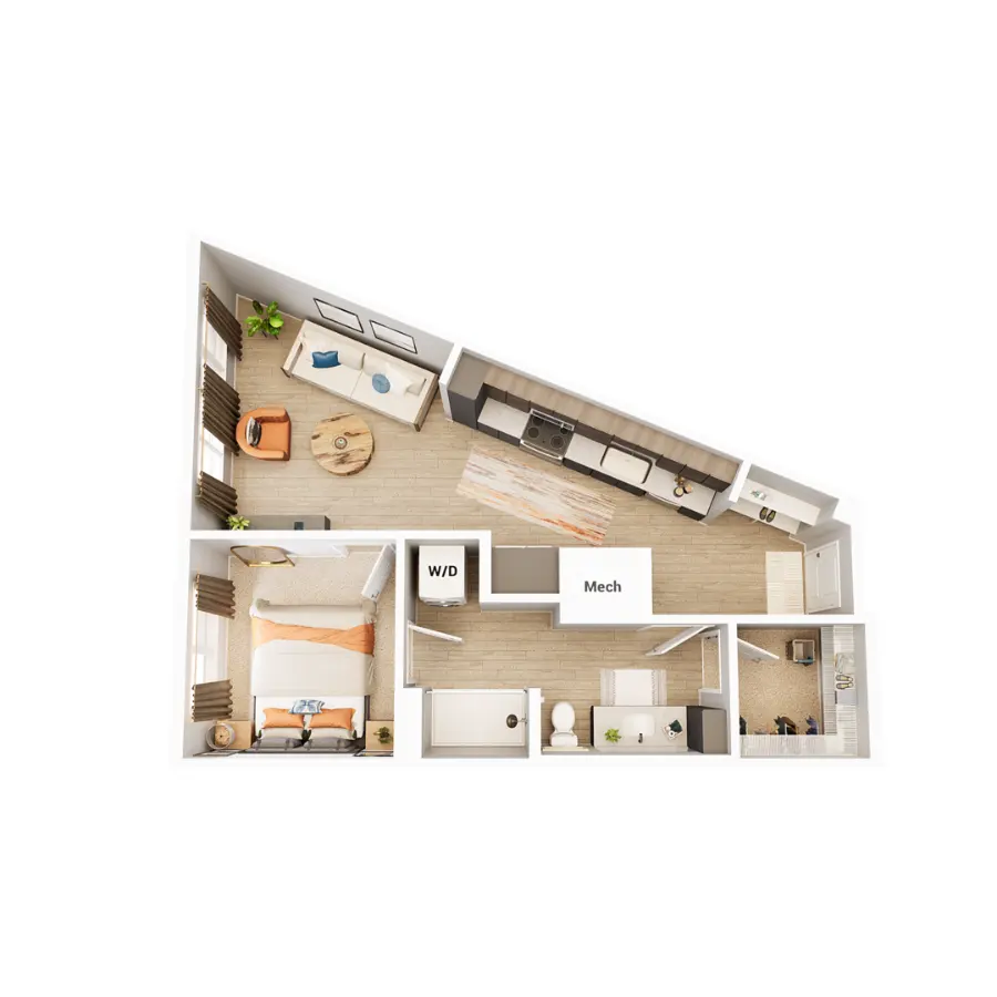 Floor plan of a one-bedroom apartment showcasing living areas, kitchen, and bedroom layout, with distinct zones for appliances and amenities.