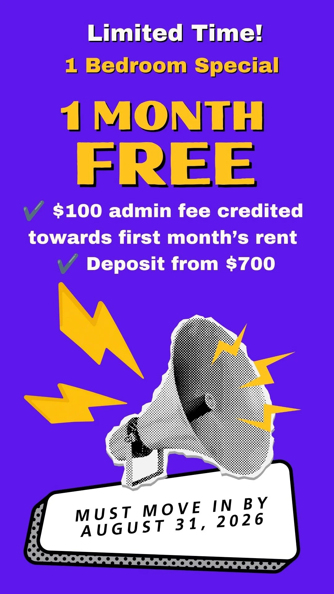 Promotional graphic for a 1-bedroom apartment special offering one month free rent.