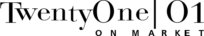 Logo of TwentyOne 01 on Market, featuring elegant typography with a vertical line separating 'TwentyOne' and '01' and 'on Market' in smaller font.