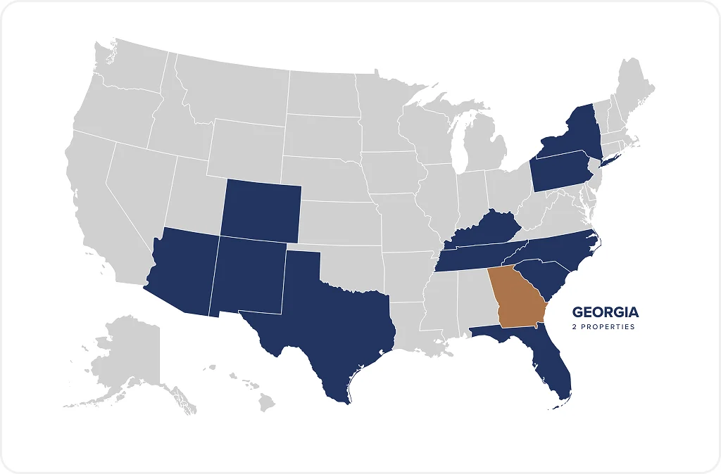Properties in the United States Map of the United States with states colored to indicate properties, highlighting Georgia.