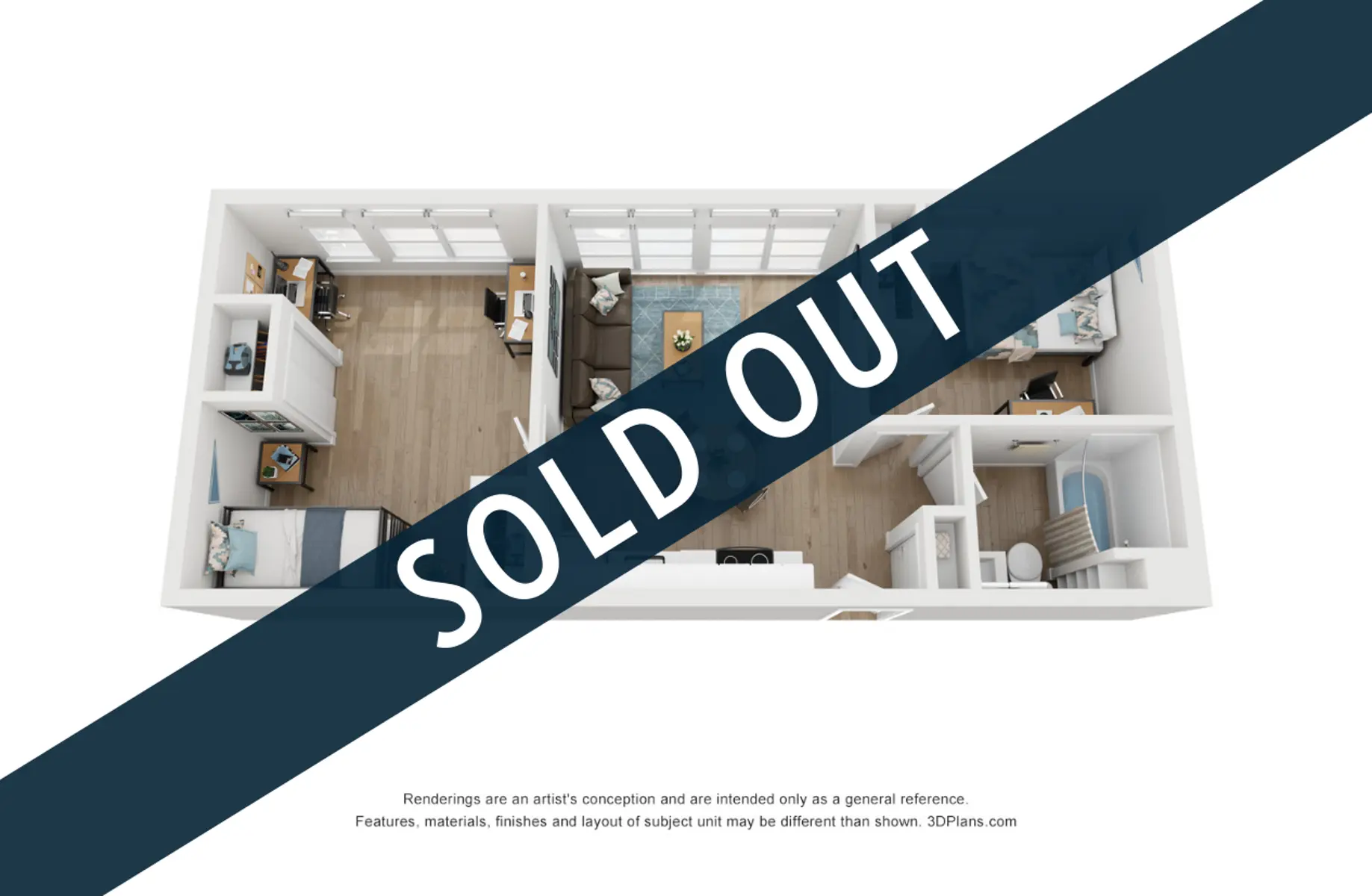 A top-down view of an apartment floor plan with furniture layout, featuring two bedrooms, a living area, and a kitchen space. A large 'SOLD OUT' banner is prominently displayed across the image.