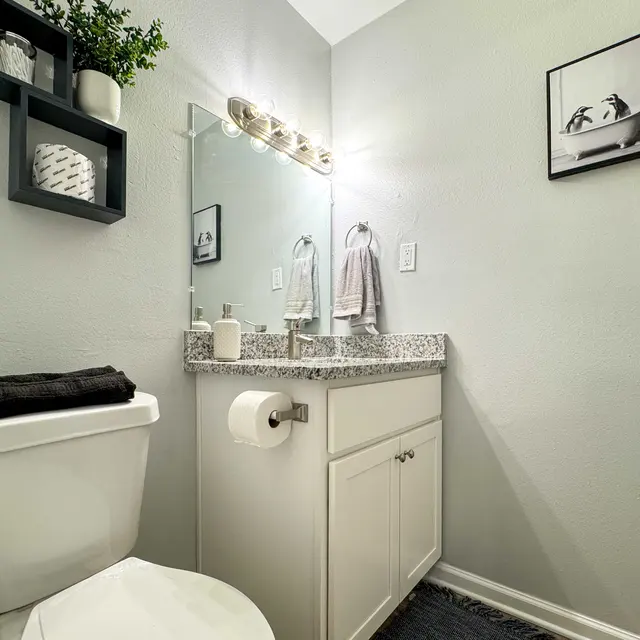 A clean and modern bathroom featuring a sink, mirror, and toilet. The gray walls and white cabinets are complemented by stylish decor, including plants and a wall art piece. It has a neutral color scheme, and the countertop is made of light granite.