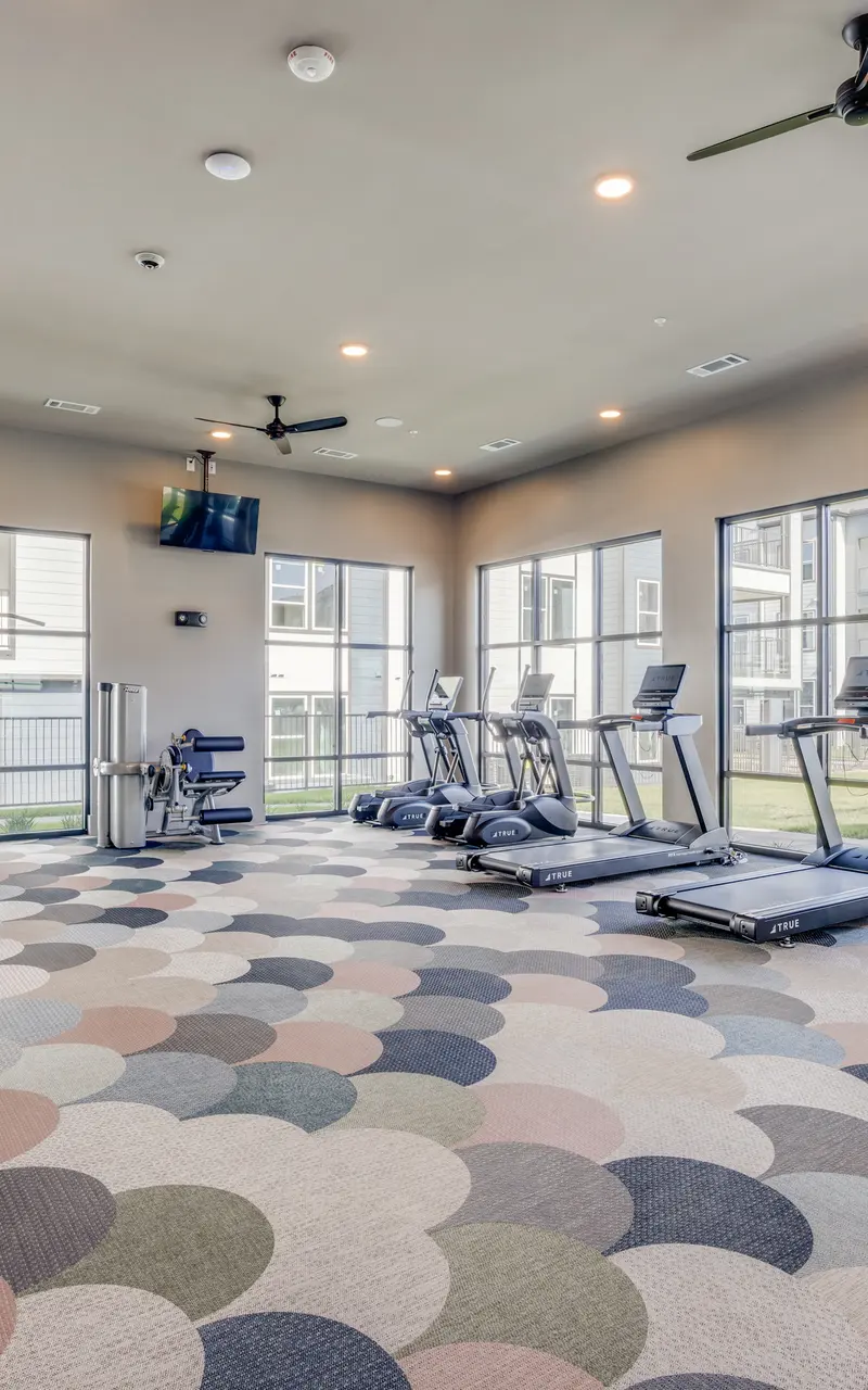 Modern Gym Interior A spacious, modern gym with large windows and colorful patterned flooring. The room contains various exercise equipment including treadmills, a stair climber, and weight machines. A television is mounted on the wall.