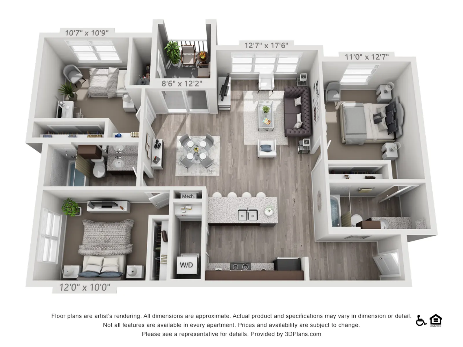 A 3D floor plan layout of an apartment featuring multiple rooms including bedrooms, living areas, and kitchen. Dimensions are marked for each room.