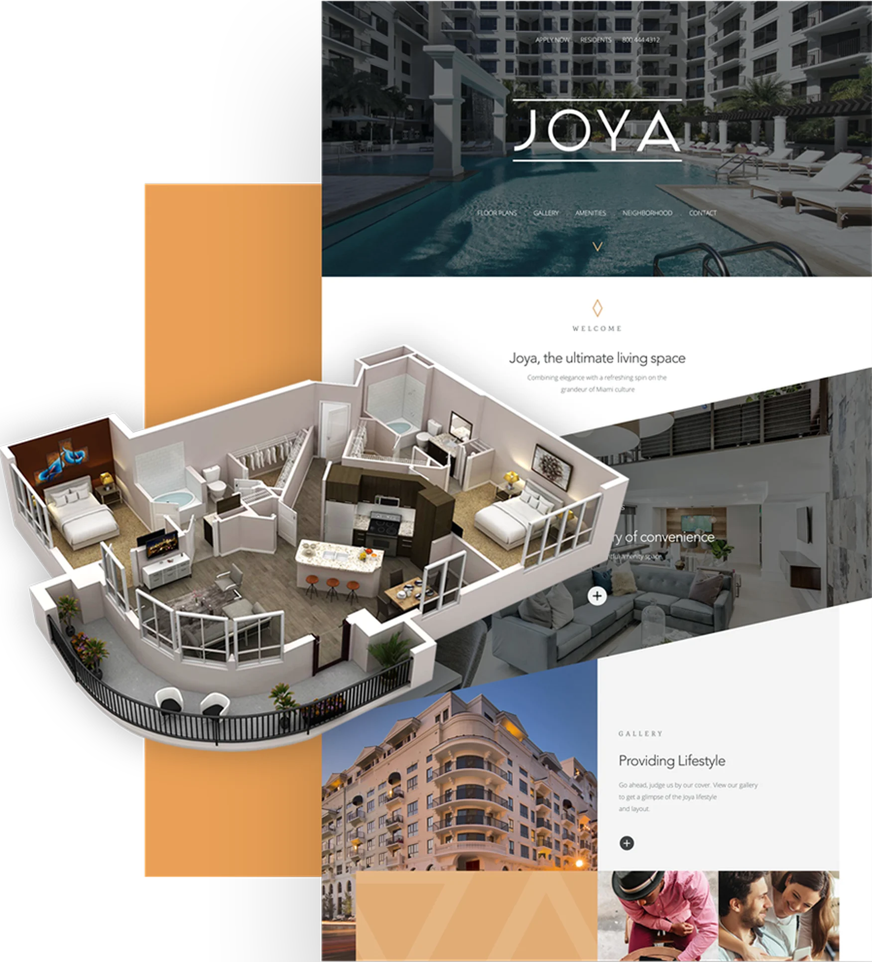 Joya: The Ultimate Living Space A promotional visual featuring a modern residential building alongside a 3D floor plan and website layout for Joya, a luxury living space.