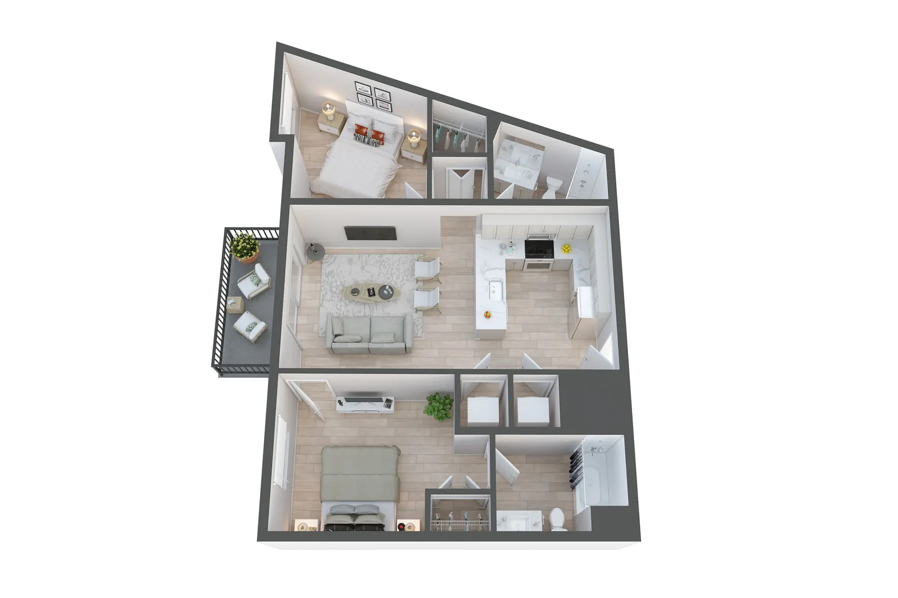 A floor plan of a modern apartment layout showcasing two bedrooms, a living room, a kitchen area, and a balcony. The design features a combination of natural light and modern furnishings.
