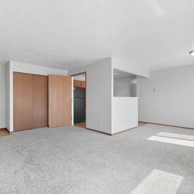 Spacious living room in an empty apartment with light gray carpet and white walls, featuring wooden doors and a small kitchen area visible in the background.
